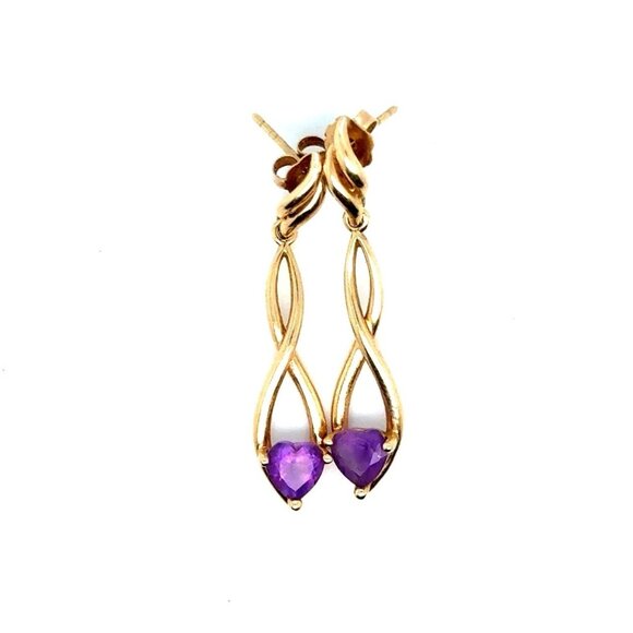 14K Gold Heart Shaped Amethyst Drop Earrings - Picture 1 of 9